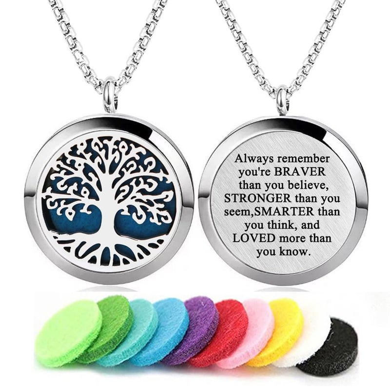 GFONDINGD Aromatherapy Essential Oil Diffuser Necklace Tree of Life Pattern Stainless Steel Locket Pendant - Image 1